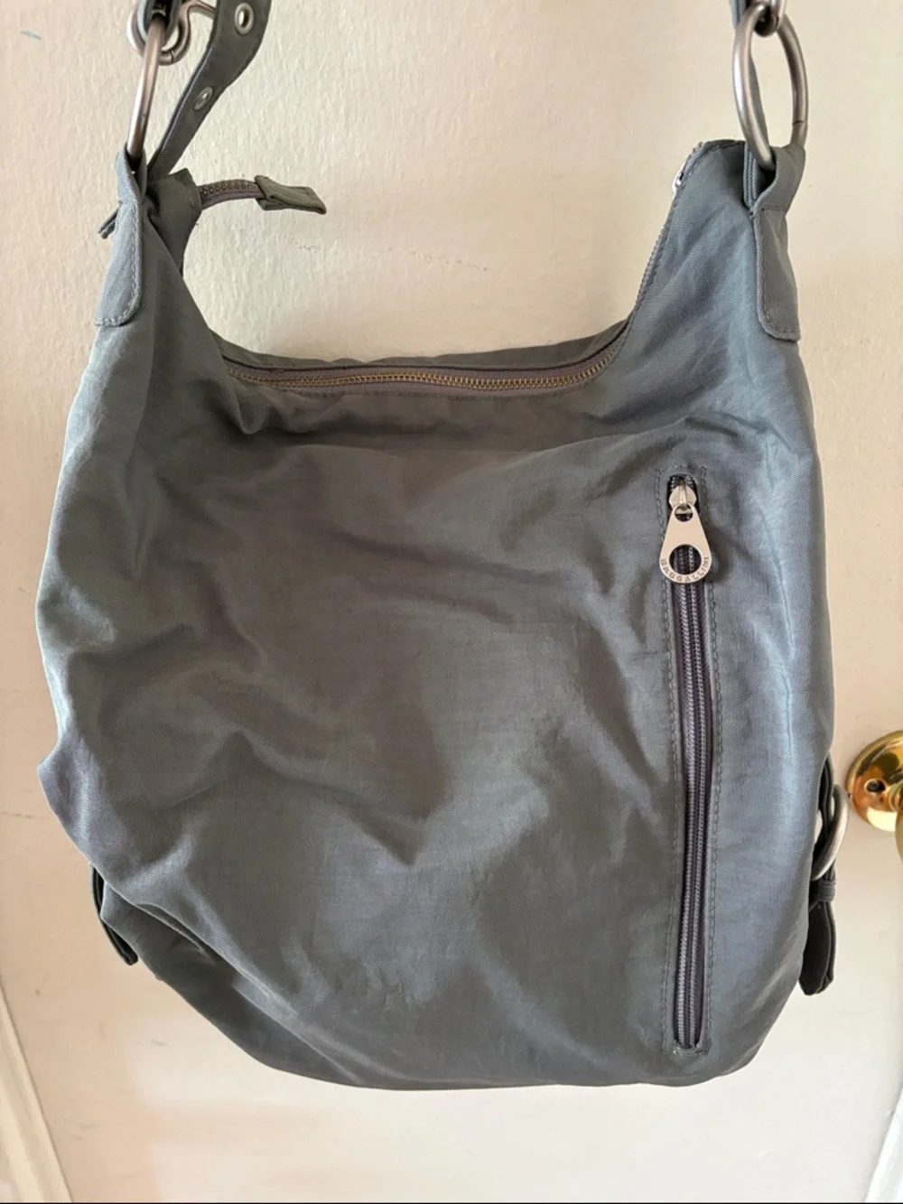 Baggalini Brussels Gray Crossbody Bag with O-Rings, Double Strap & Yellow Lining